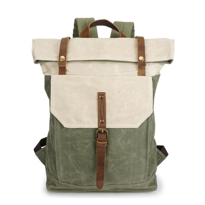 Vintage backpack, beige and green, waxed canvas with leather straps
